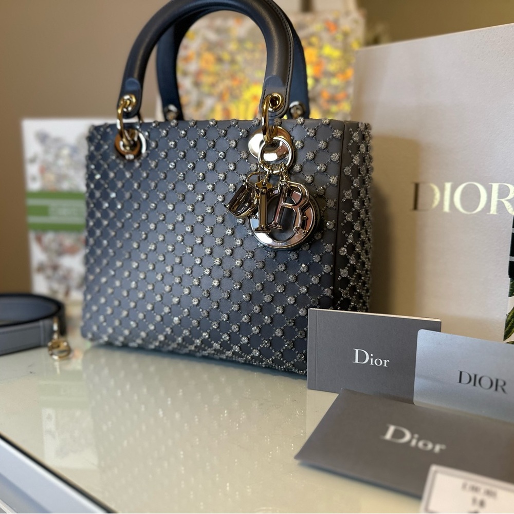 Medium Lady Dior Blue Crystal Top-handle Bag with Removable Strap (FULL SET)